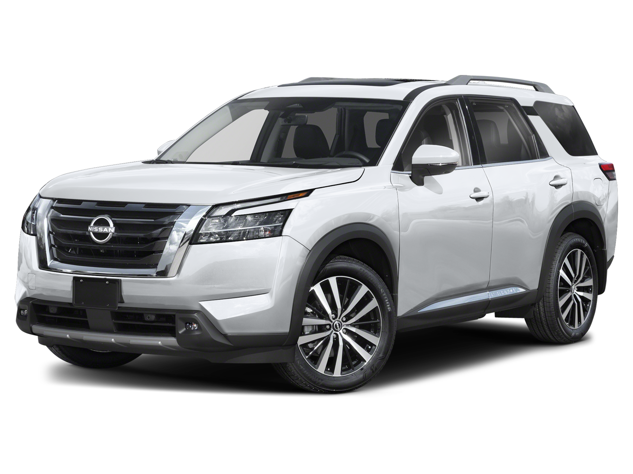 2025 Nissan Pathfinder Platinum in Everest White Pearl Tricoat — front three-quarter view