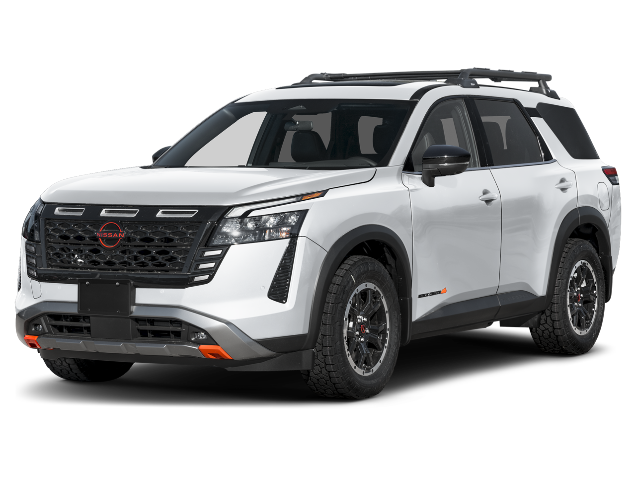 2026 Nissan Pathfinder Rock Creek in Everest White — front three-quarter view